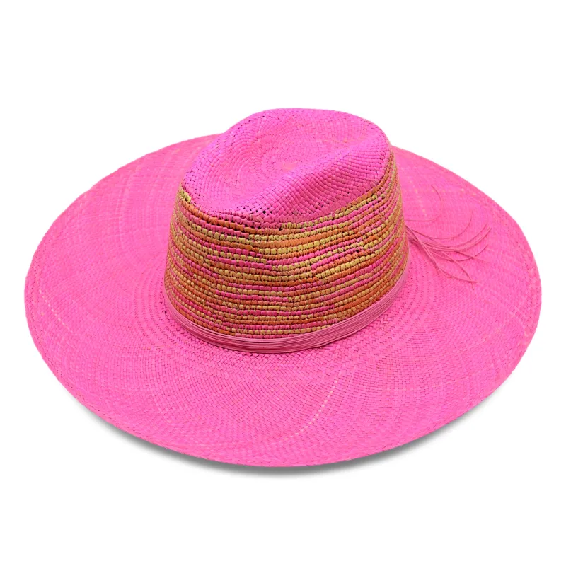 Milano Clasico Wide Brim Bubblegum Pink Hat With Orange Crochet sold by Sand Dollar