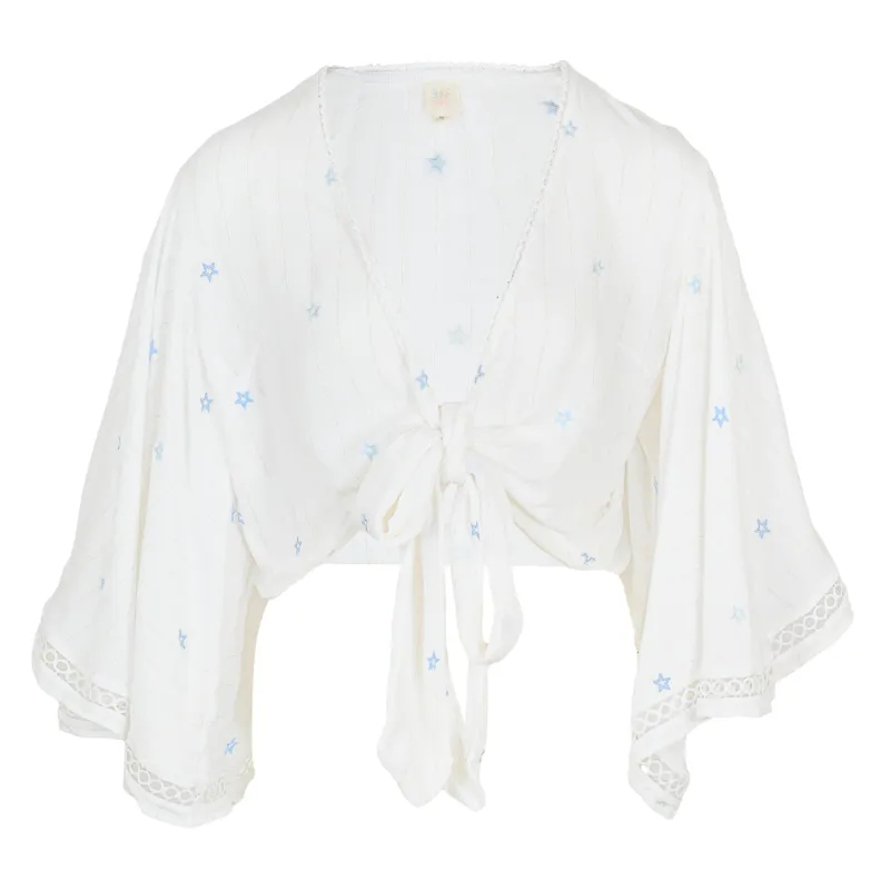 Ivory/Tonal Blue Stars Lurex Stripe Star Crop Top sold by Sand Dollar