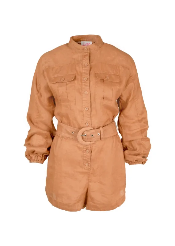 Hanniel Overall Linen Romper Camel sold by Sand Dollar