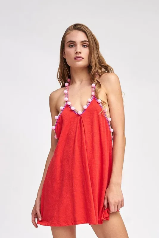 Strappy Summer Dress - Pom Pom Dress Blood Orange sold by Sand Dollar