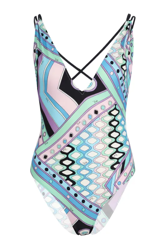 Celeste/Blanco One Piece Swimsuit made by Emilio Pucci