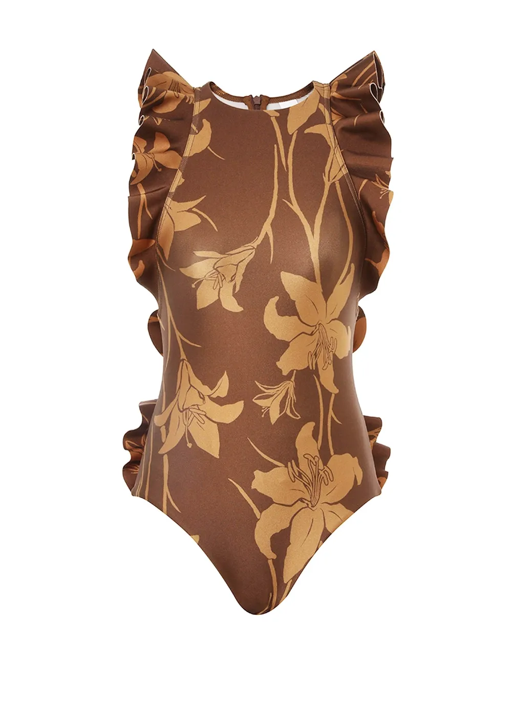 Acadian Racer Back Frill One Piece Mustard/Chocolate Floral sold by Sand Dollar