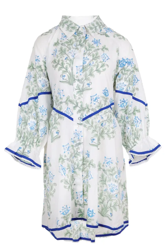 Raglan Shirt Dress In Japanese Flower Print-Slip White/Blue/Sage sold by Sand Dollar