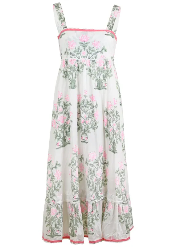 Sash Bow Back Midi Dress In Japanese Flower Print White/Coral/Sage made by Sand Dollar
