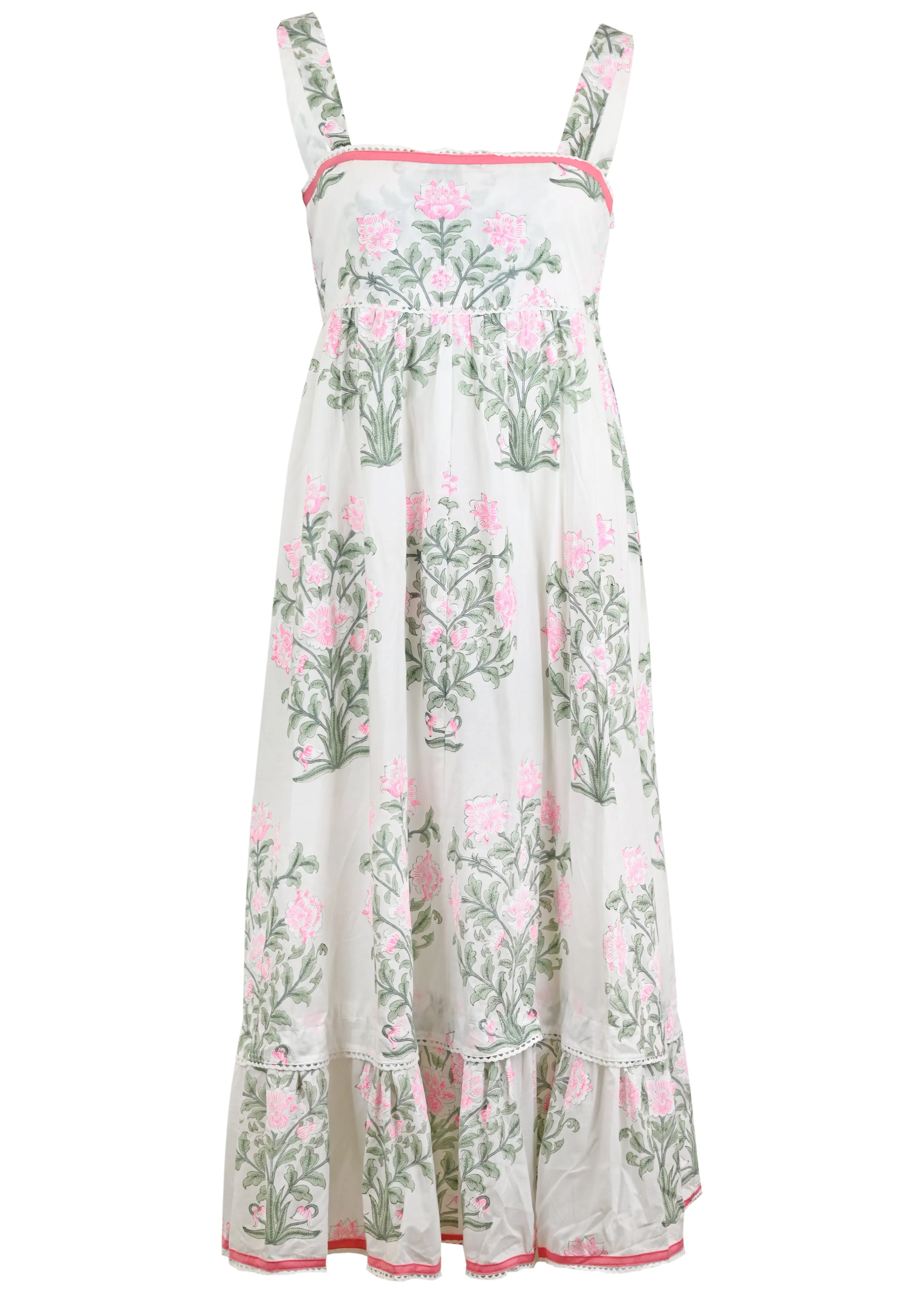 Sash Bow Back Midi Dress In Japanese Flower Print White/Coral/Sage sold by Sand Dollar