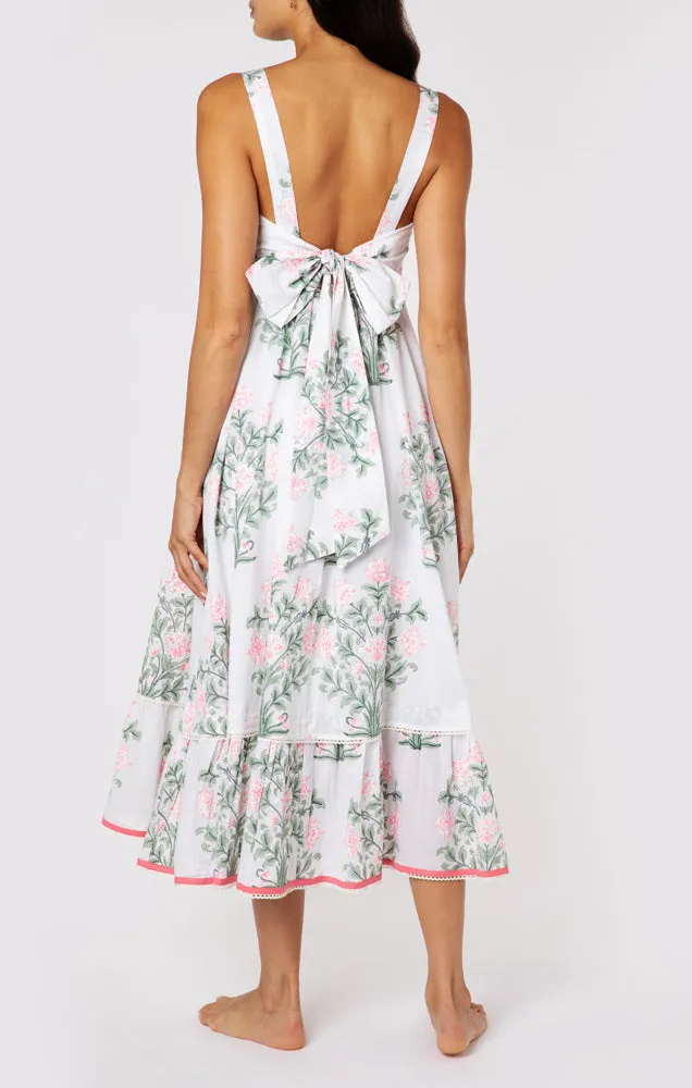 Sash Bow Back Midi Dress In Japanese Flower Print White/Coral/Sage sold by Sand Dollar product image thumbnail 4