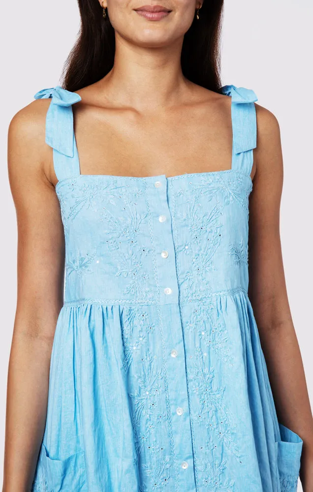 Tie Shoulder Dress With Tonal Lotus Embroidery Blue Acid Wash sold by Sand Dollar product image thumbnail 5
