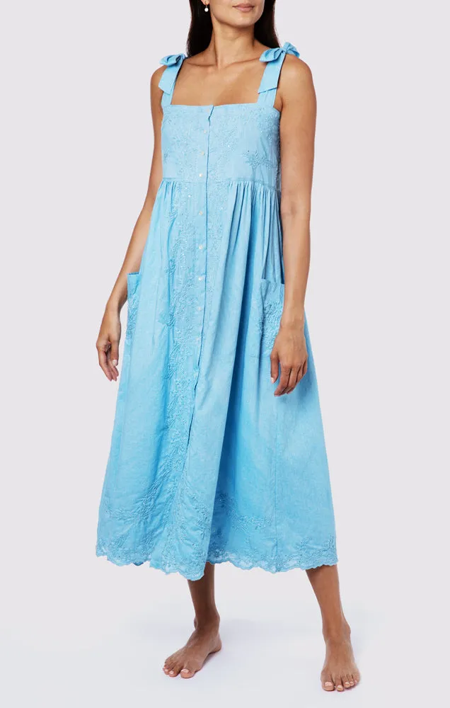 Tie Shoulder Dress With Tonal Lotus Embroidery Blue Acid Wash sold by Sand Dollar product image thumbnail 2