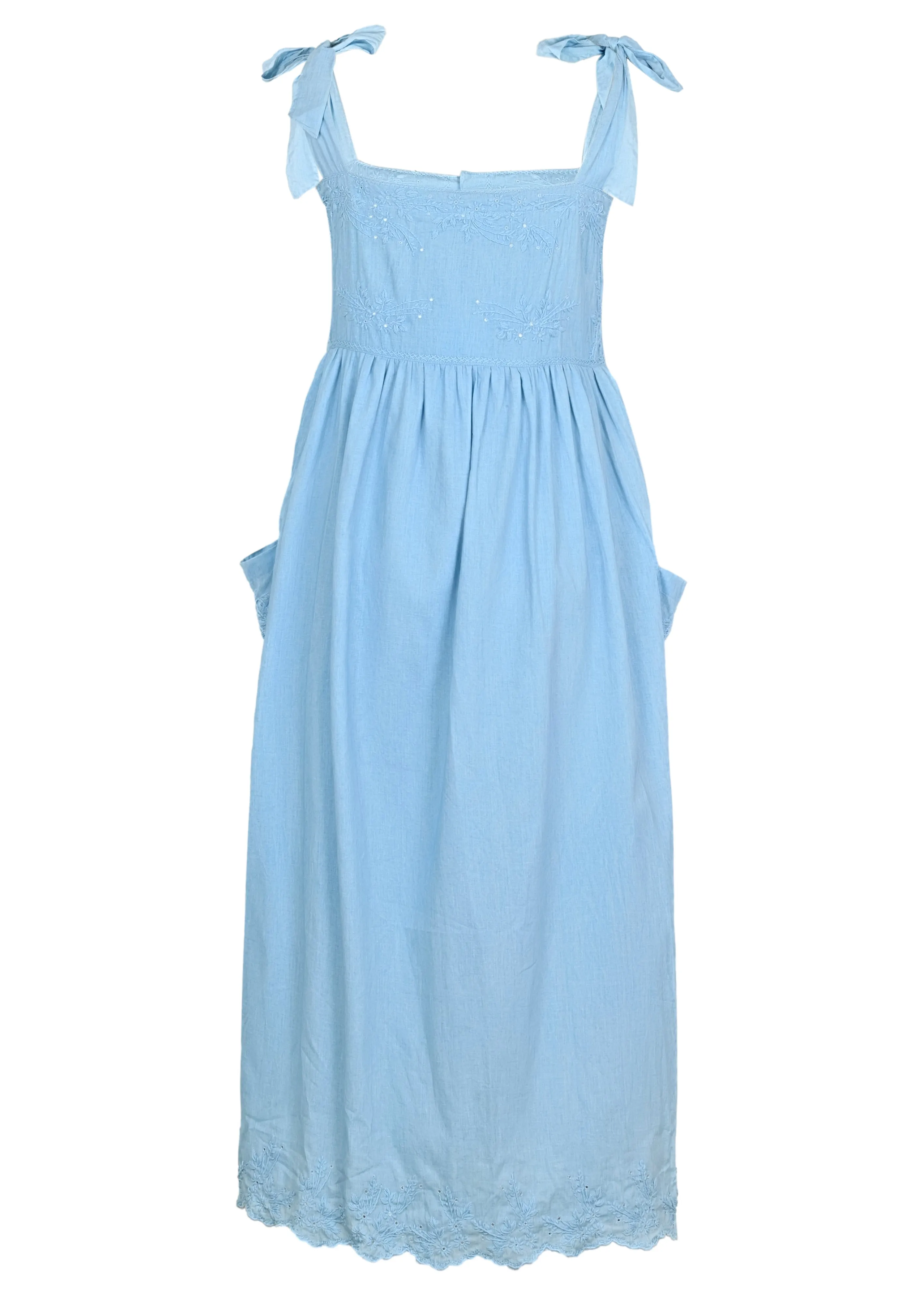 Tie Shoulder Dress With Tonal Lotus Embroidery Blue Acid Wash sold by Sand Dollar product image thumbnail 3