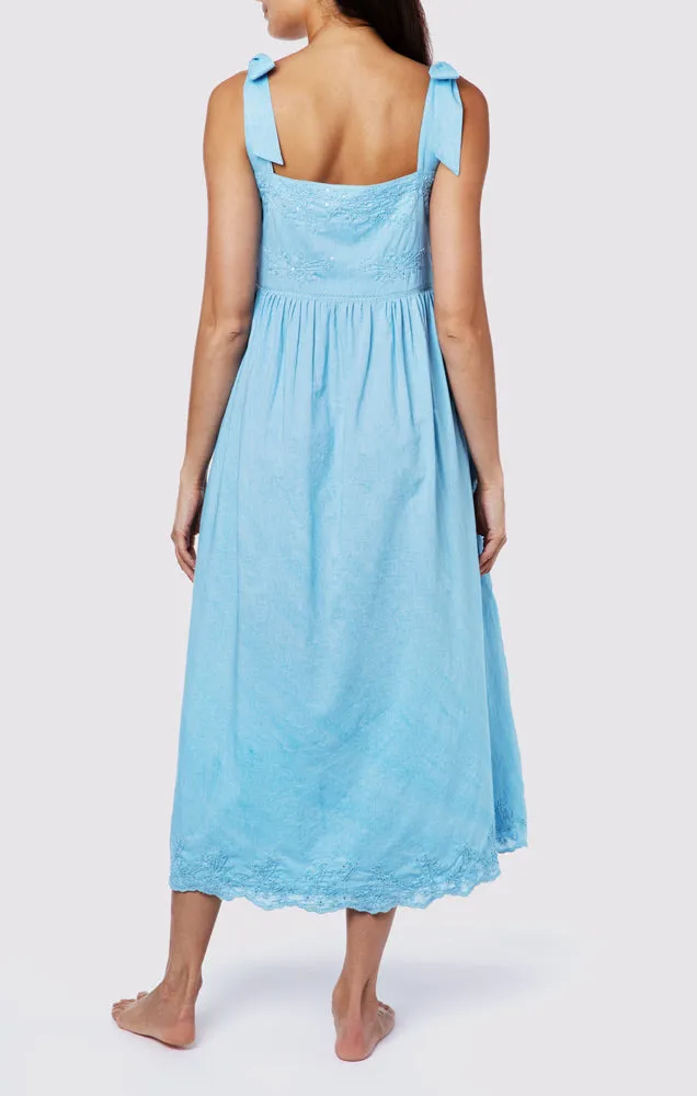 Tie Shoulder Dress With Tonal Lotus Embroidery Blue Acid Wash sold by Sand Dollar product image thumbnail 4
