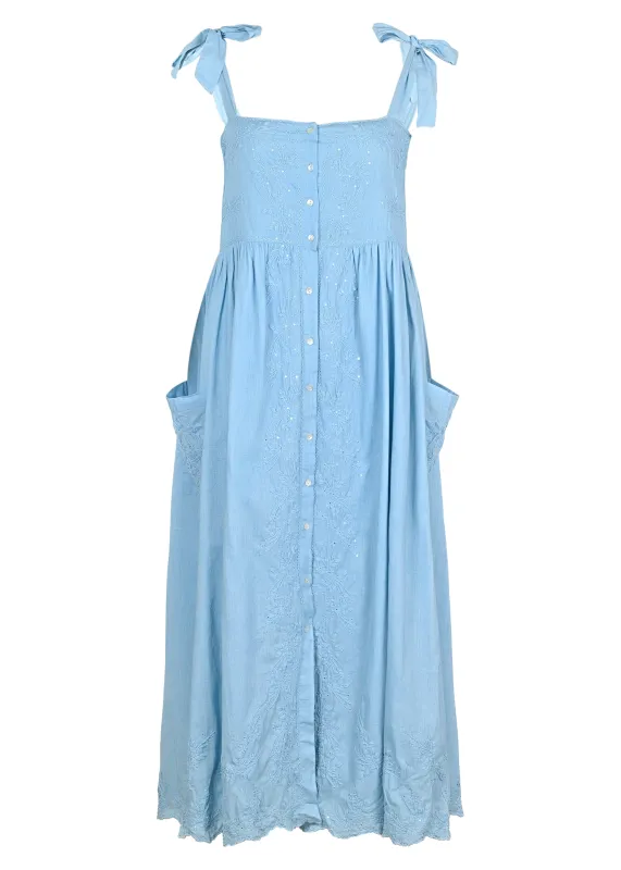 Tie Shoulder Dress With Tonal Lotus Embroidery Blue Acid Wash sold by Sand Dollar