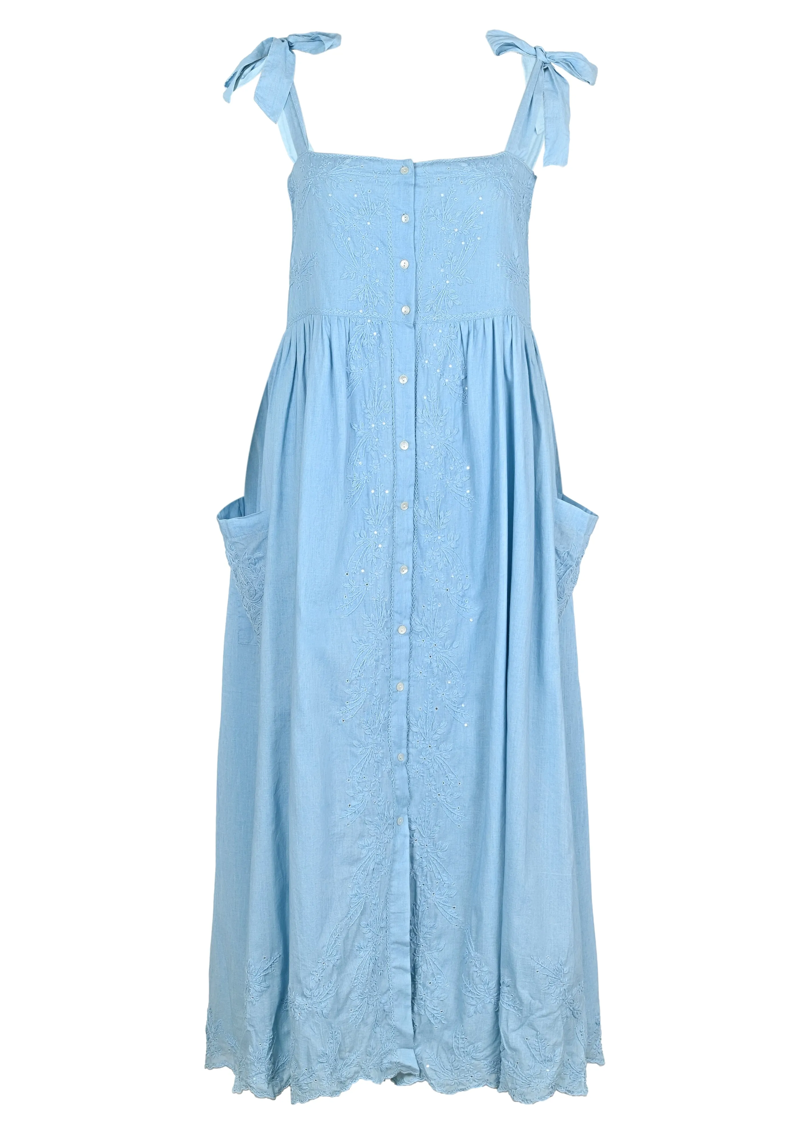 Tie Shoulder Dress With Tonal Lotus Embroidery Blue Acid Wash sold by Sand Dollar