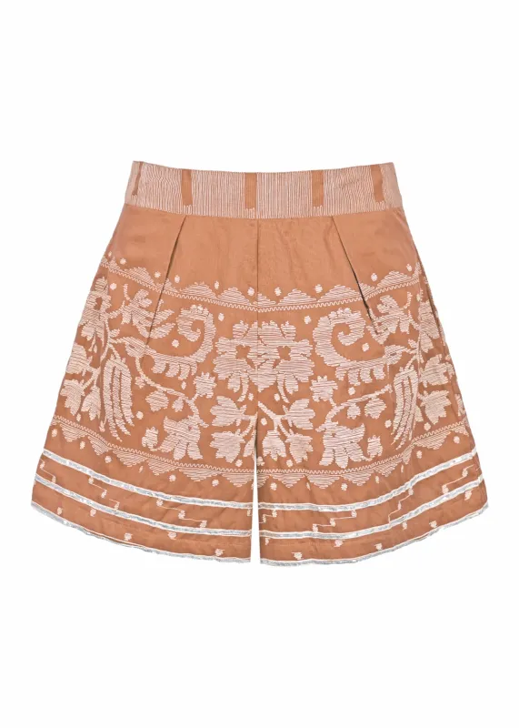Wide Hem Shorts With Dhaka Print & Silver Trim Pecan & White sold by Sand Dollar