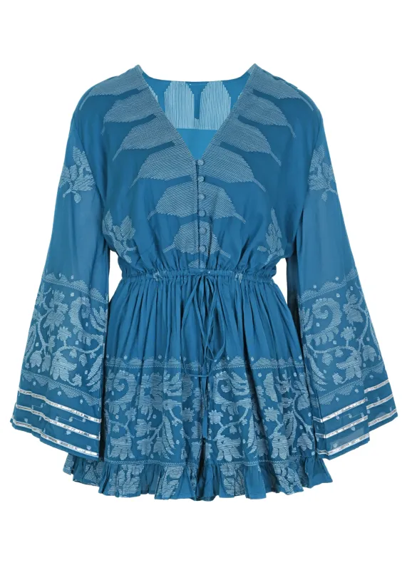Flared Sleeve Playsuit With Dhaka Print Petrol & White sold by Sand Dollar