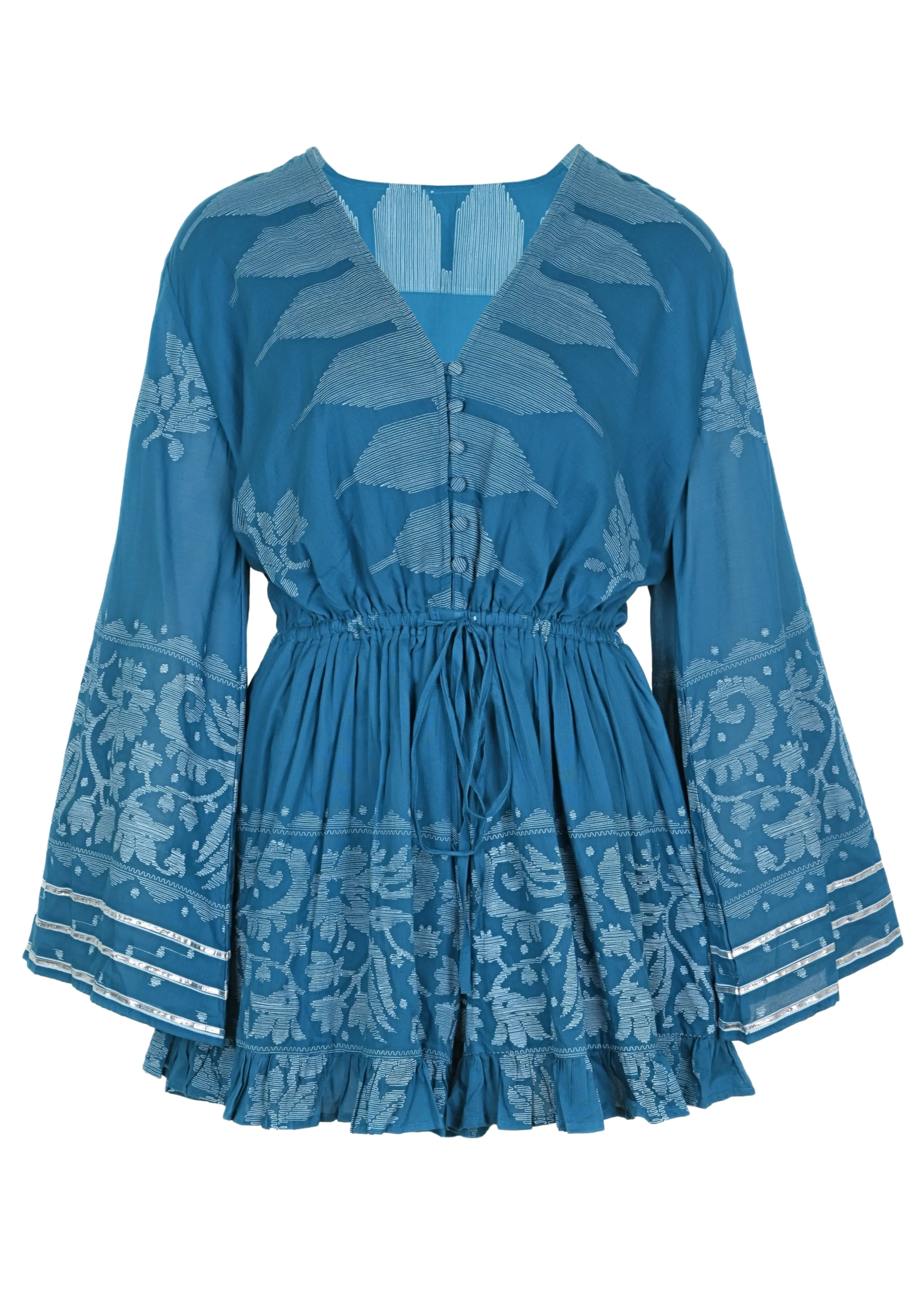 Flared Sleeve Playsuit With Dhaka Print Petrol & White sold by Sand Dollar