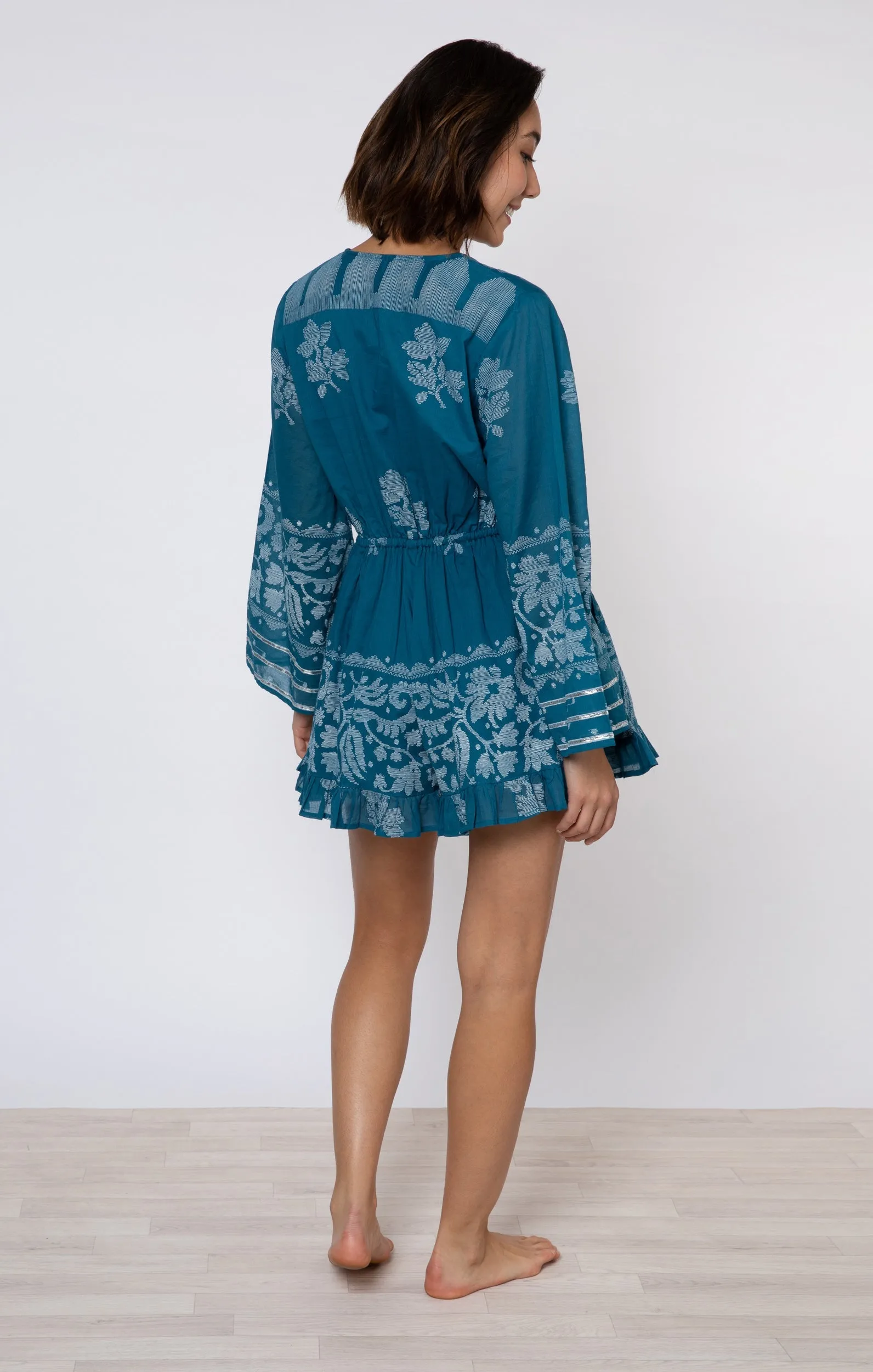 Flared Sleeve Playsuit With Dhaka Print Petrol & White sold by Sand Dollar product image thumbnail 4