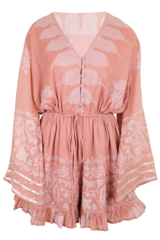 Flared Sleeve Playsuit With Dhaka Print Pecan & White sold by Sand Dollar