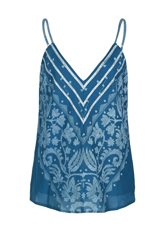 Cami Top With Dhaka Print & Silver Trim Petrol & White sold by Sand Dollar