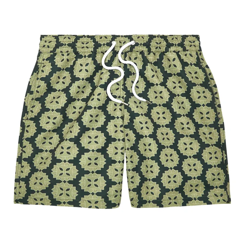 Men’s Swim Board Shorts with Medalhao Print - Jungle Green & Botanical Green sold by Sand Dollar