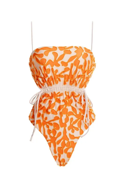 Thin Strap One Piece Swimsuit in Orange/White sold by Sand Dollar