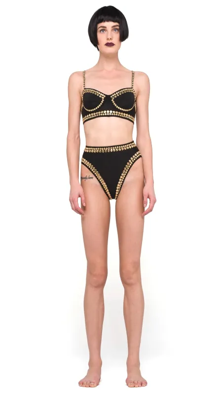 Black Underwire Bikini Top with Gold Studs made by Norma Kamali