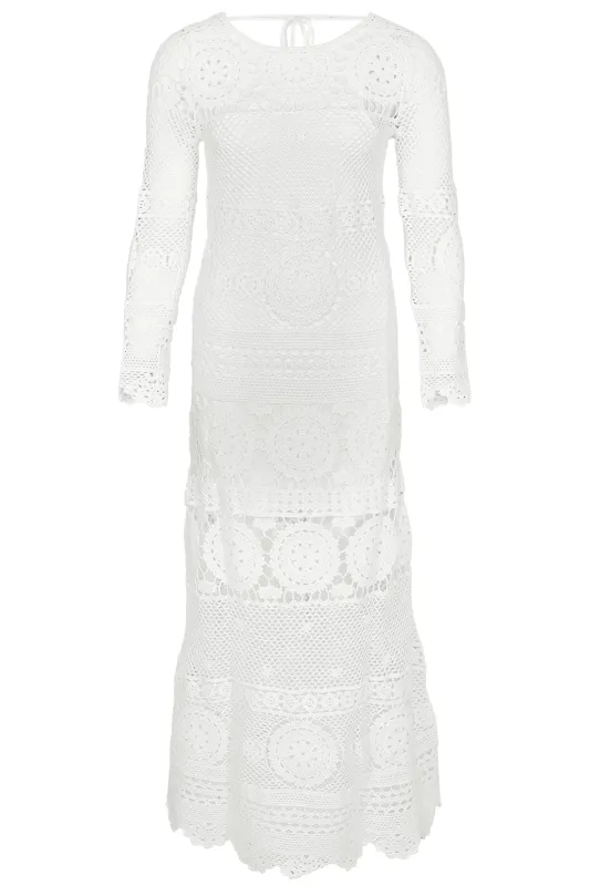 Long Sleeved Crochet Dress in White sold by Sand Dollar