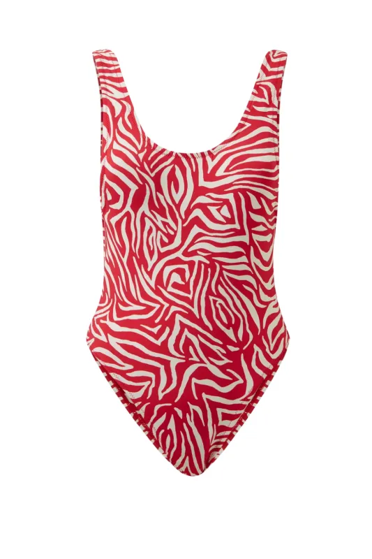 Cheeky One Piece Swimsuit in Red Zebra Print made by It's Now Cool