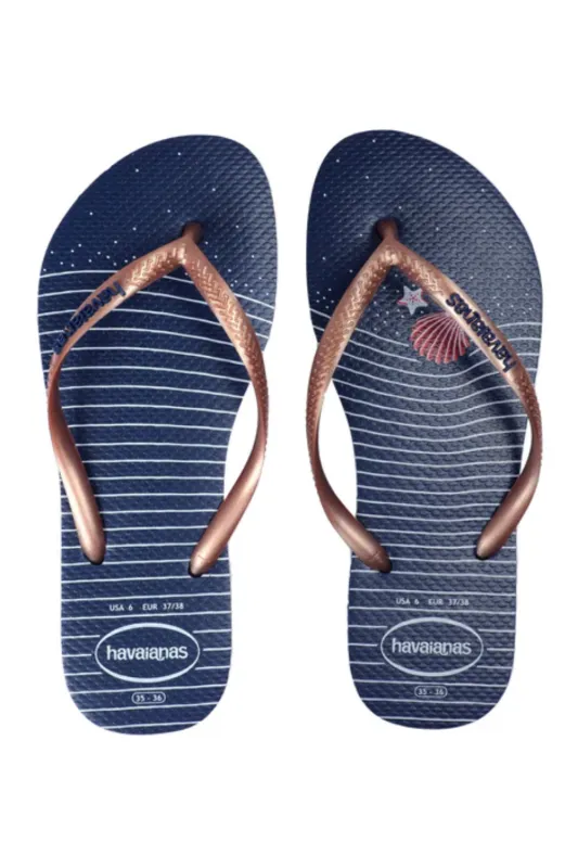 Havaianas Women Slim Nautical Navy Blue Rose Gold sold by Sand Dollar