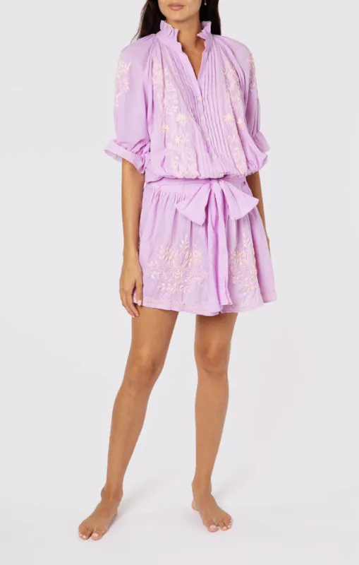 Blouson Dress With Contrast Lotus Embroidery With Slip Lilac/Pale Pink made by Sand Dollar