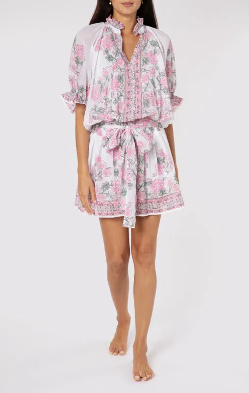Blouson Dress In Rose Border Block Print With Slip White/Lipstick made by Sand Dollar