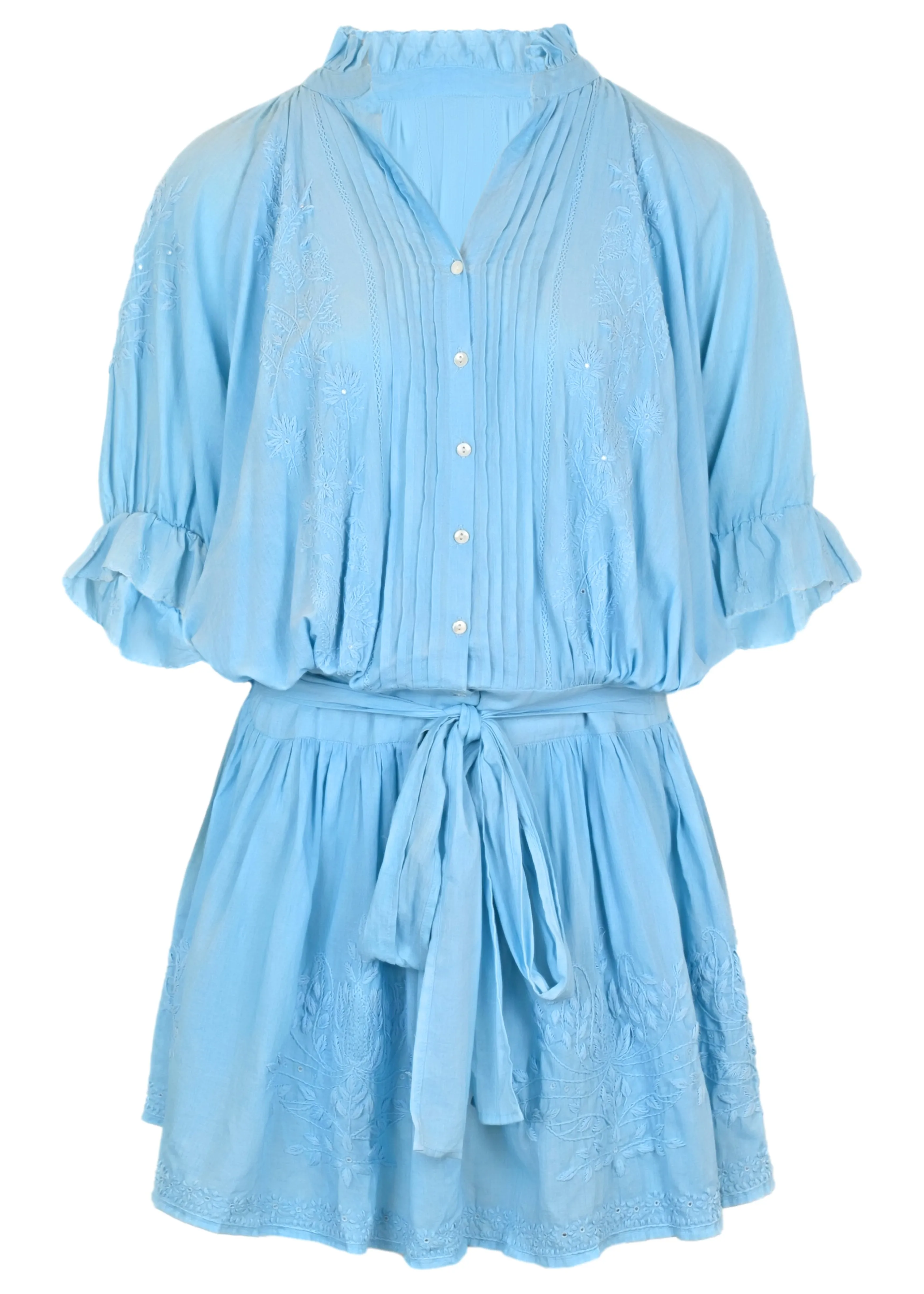 Blouson Dress With Tonal Lotus Embroidery Blue Acid Wash sold by Sand Dollar