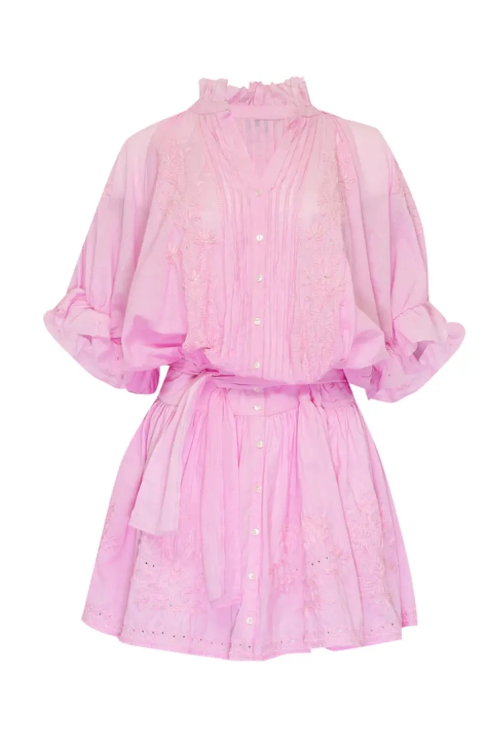 Blouson Dress With Tonal Lotus Embroidery Sugar Almond Acid Wash sold by Sand Dollar