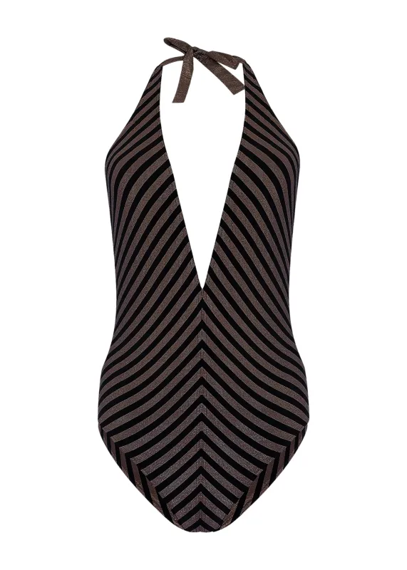 Halter Neck Bathing Suit in Black/Gold sold by Sand Dollar