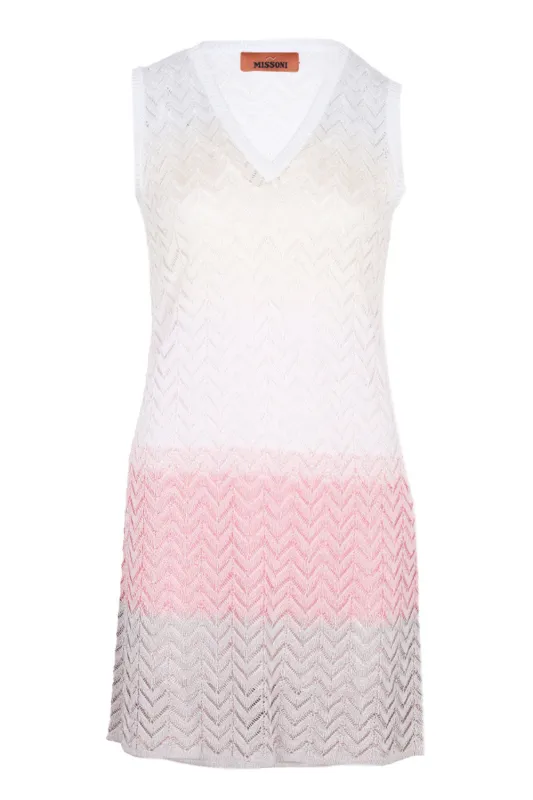 Gradient Chevron Viscose V Neck Mini Dress Beige/Pink/Creamy made by Missoni