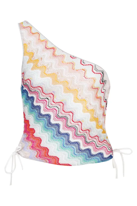 On Shoulder Crop Top Multicolored White Base sold by Sand Dollar