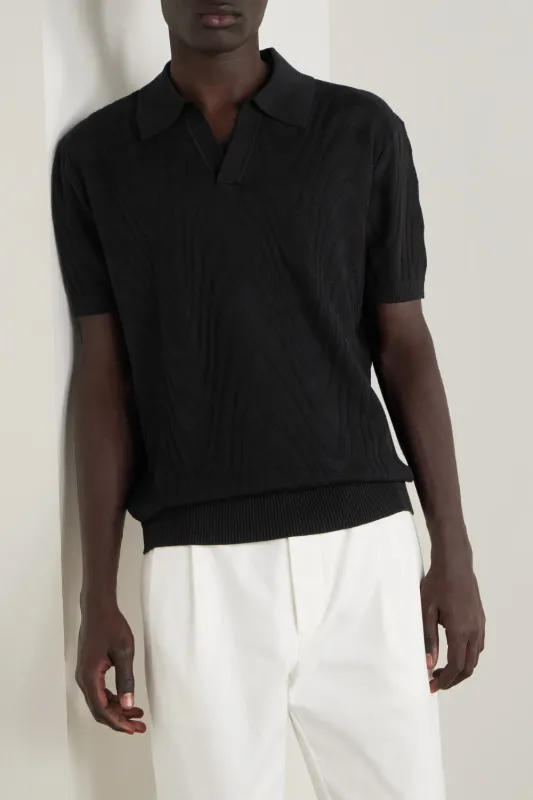 Rino Cotton Blend Jacquard Knit Polo Black sold by Sand Dollar