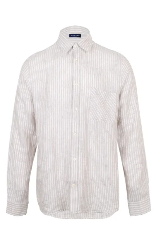 Telles Linen Striped Shirt Long Sleeve Khaki made by Sand Dollar