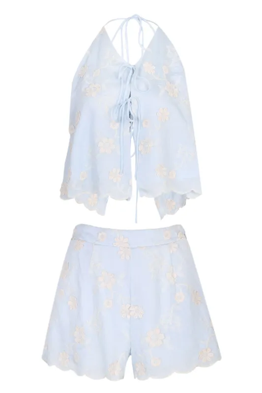Embroidery Halter Neck Top and Shorts Set Blue made by MABLE