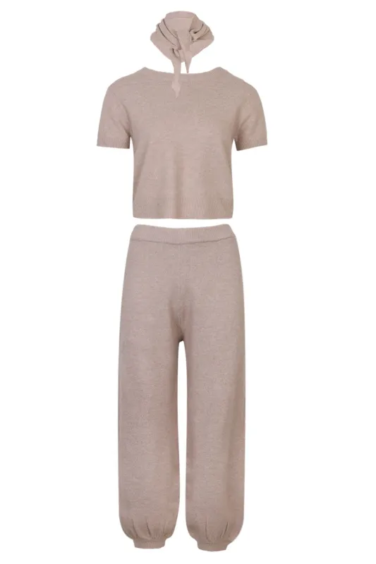 Ondine Basic Knit Top and Jogger Pants Set with Scarf Taupe sold by Sand Dollar