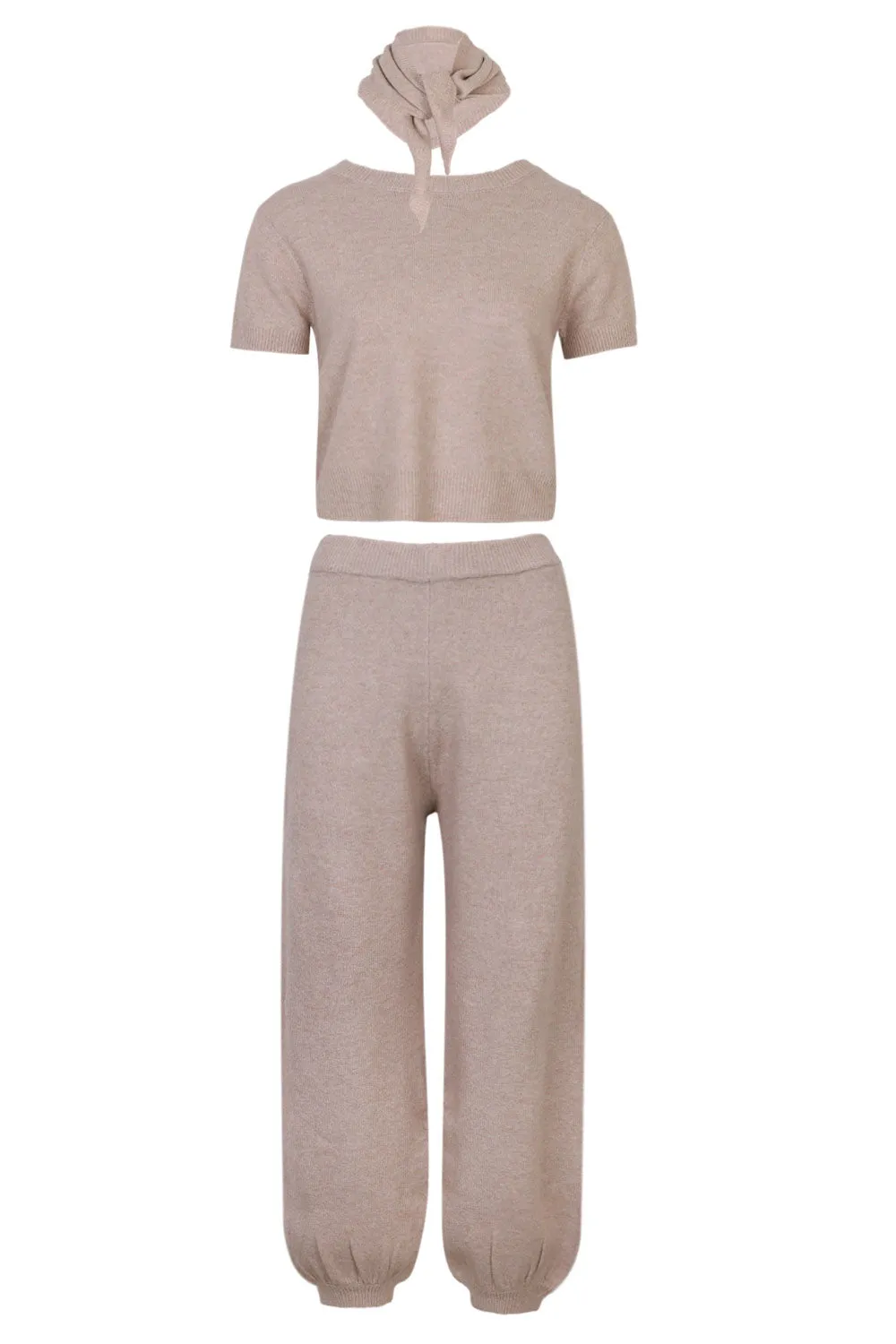 Ondine Basic Knit Top and Jogger Pants Set with Scarf Taupe sold by Sand Dollar