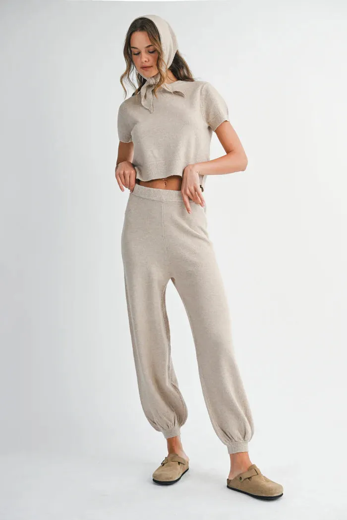 Ondine Basic Knit Top and Jogger Pants Set with Scarf Taupe sold by Sand Dollar product image thumbnail 2