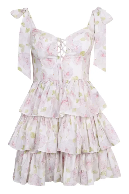 Baylee Floral Print Bow Tied Mini Dress Off White sold by Sand Dollar