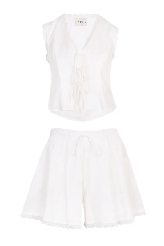 Bow Tied Blouse and Lace Trim Shorts Set Off White made by MABLE