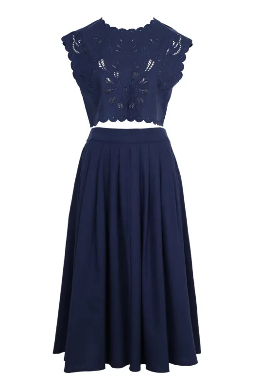 Embroidery Crop Top and Midi Skirt Set Navy made by MABLE