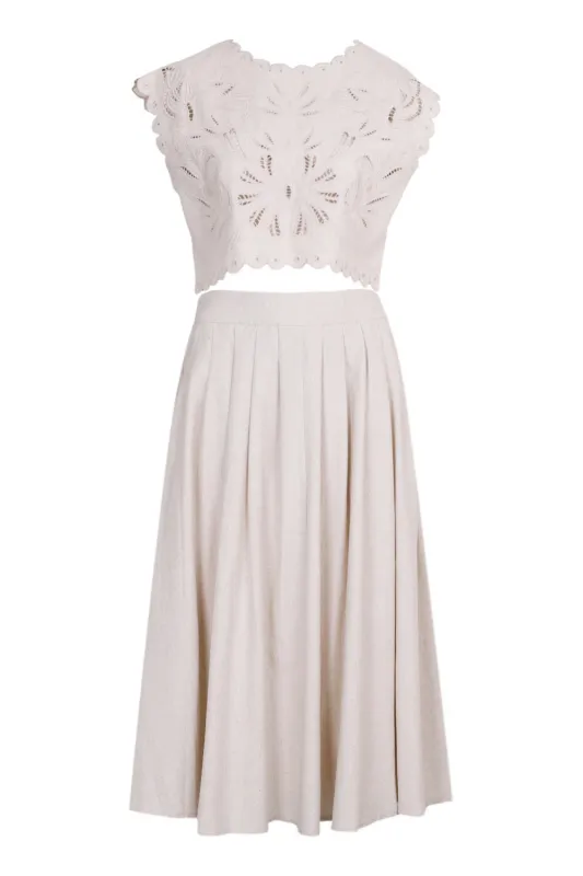 Embroidery Crop Top and Midi Skirt Set Oatmeal made by MABLE