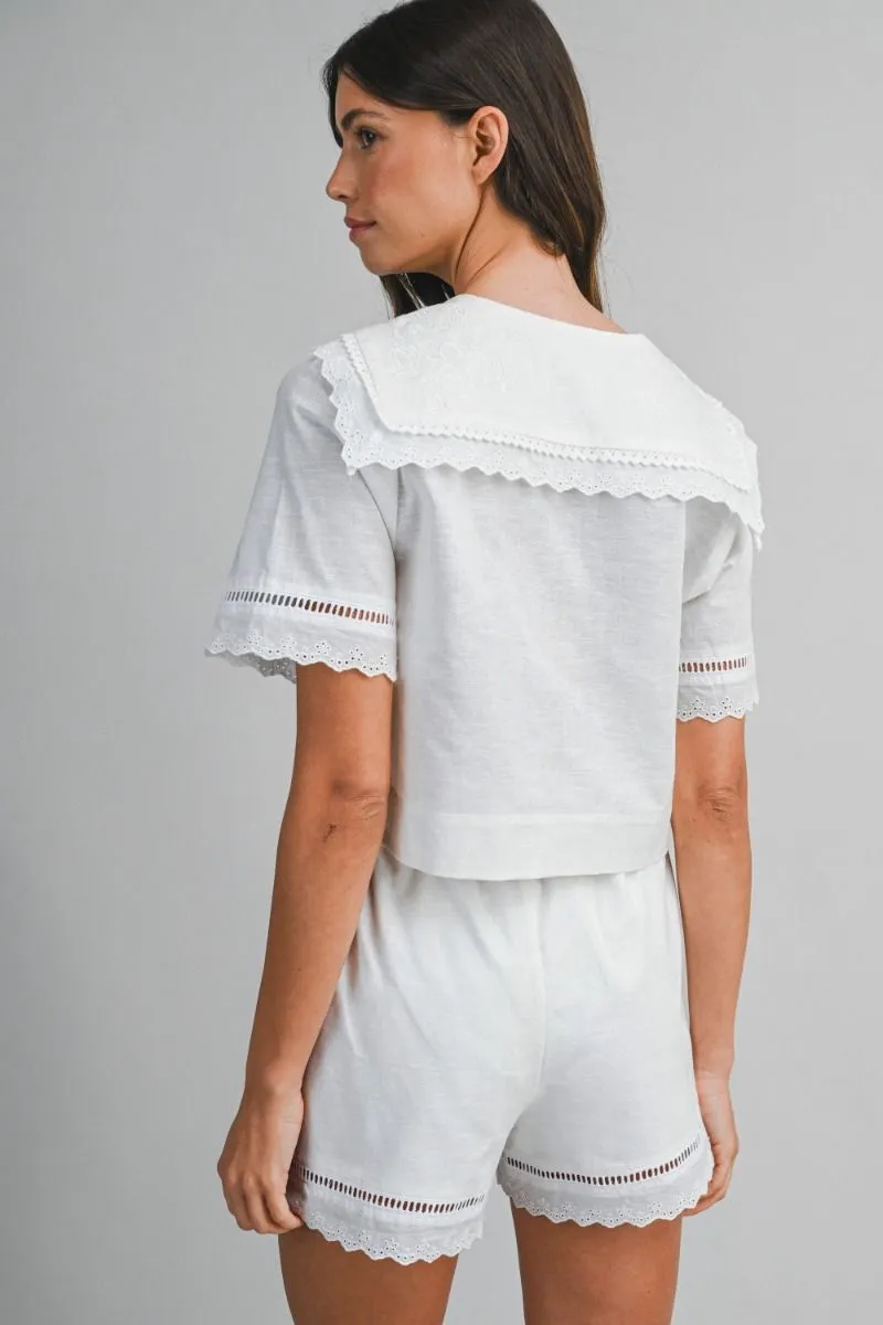 Embroidery Short Sleeve Top and Shorts Set Off White sold by Sand Dollar product image thumbnail 4