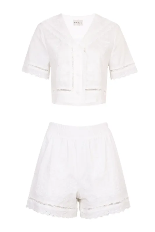 Embroidery Short Sleeve Top and Shorts Set Off White made by MABLE