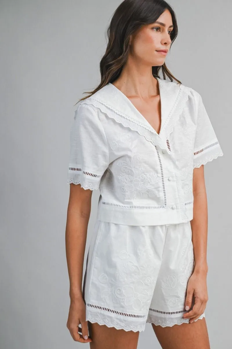 Embroidery Short Sleeve Top and Shorts Set Off White sold by Sand Dollar product image thumbnail 2