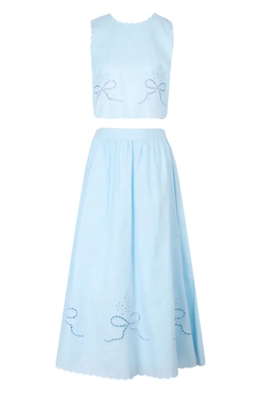Linen Eyelet Crop Top and Midi Skirt Set Blue made by MABLE