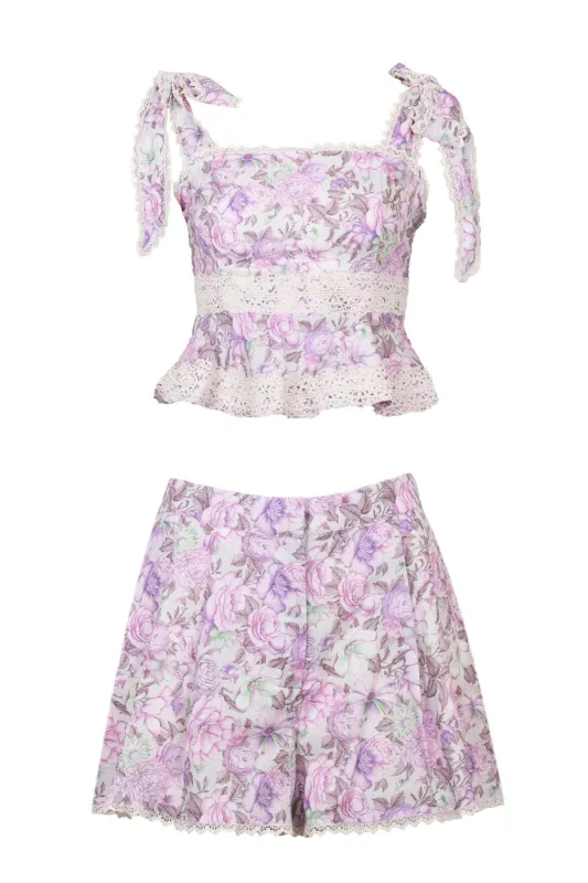 Linen Printed Shoulder Top and Shorts Set Lavender sold by Sand Dollar